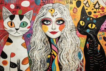 Colorful mural depicting a whimsical girl with cats in an urban art scene