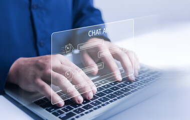  businessman using technology Global Internet connect Chatgpt conversation Chat with AI, Artificial...