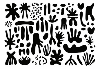 Abstract Black Shapes: A collection of dynamic, organic black shapes, resembling natural forms and textures, arranged artistically against a plain backdrop.