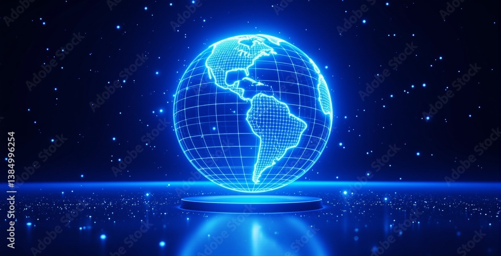 Poster digital holographic earth with glowing grid lines floats on a platform against a star-filled backgro