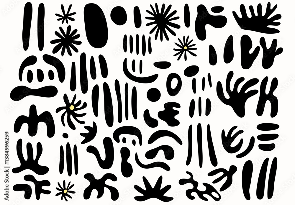 Poster abstract shapes composition: a dynamic assembly of black abstract shapes, offering a range of organi