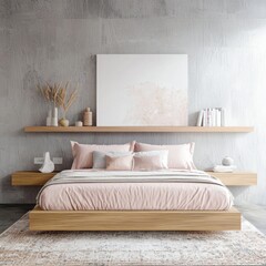 soft bedroom full view, dusty pink bedding, full bed in center, textured artistic rug, light wood shelf, grey plaster wall, warm ambient lighting, no florals