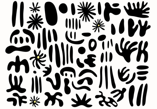 Abstract Shapes Composition: A dynamic assembly of black abstract shapes, offering a range of organic and geometric forms, perfect for modern designs. 