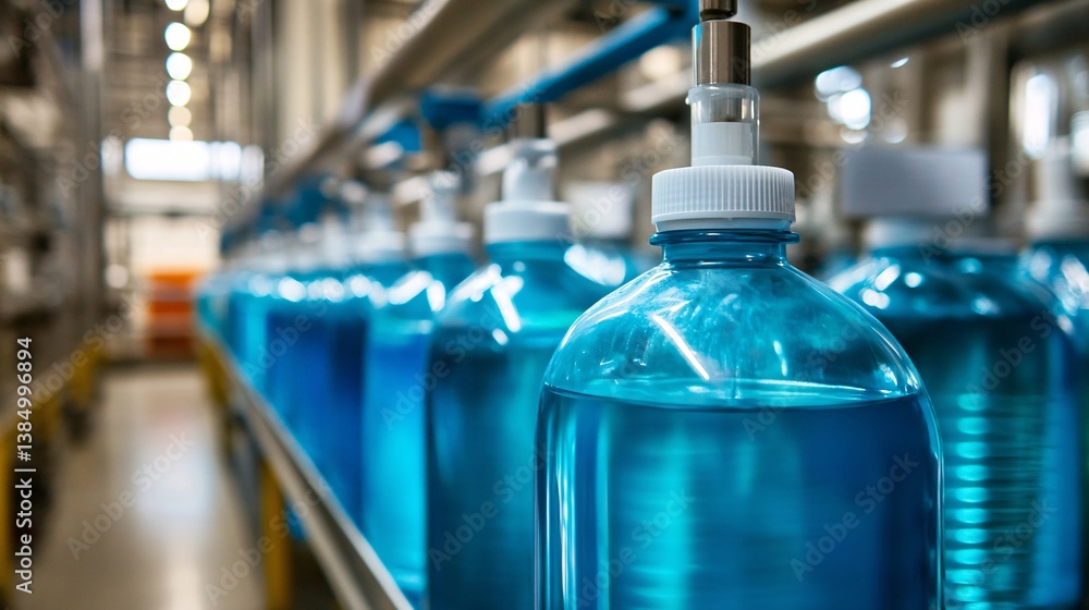 Poster automated production line filling bottles with blue liquid