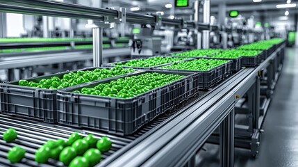 Fresh Green Apples Sorted in Bins on a Conveyor Belt in a Modern Packing Facility