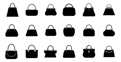 Set of shopping bag icon in black fill and outline. VECTOR