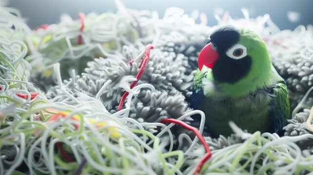Photorealistic image of a photo of a parrot curled near tipped detergent and fuzzy rug
