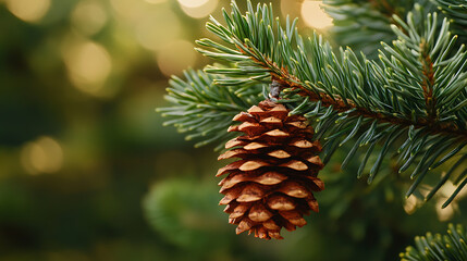 close up view of pine cone hanging from green pine tree branch, showcasing intricate details of cone scales and vibrant green needles surrounding it. background features soft bokeh effect