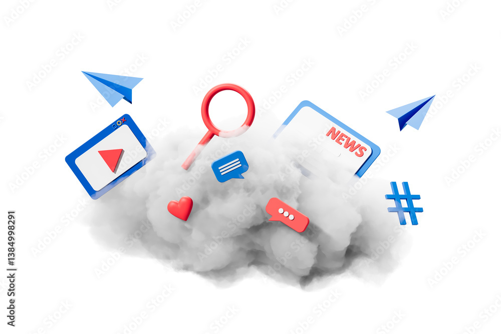 Poster social media icons emerging from a cloud. 3d rendering