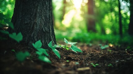 Forest floor, sunlight filtering through trees, tranquil scene, nature photography