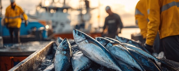 Fishermen sorting freshly caught tuna fish on fishing boat at sunset © HISTOCK