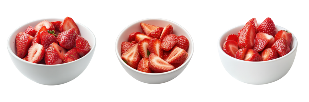 Bowls of fresh quartered strawberries.