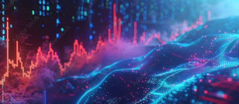 Poster abstract digital landscape with glowing data streams and financial charts.