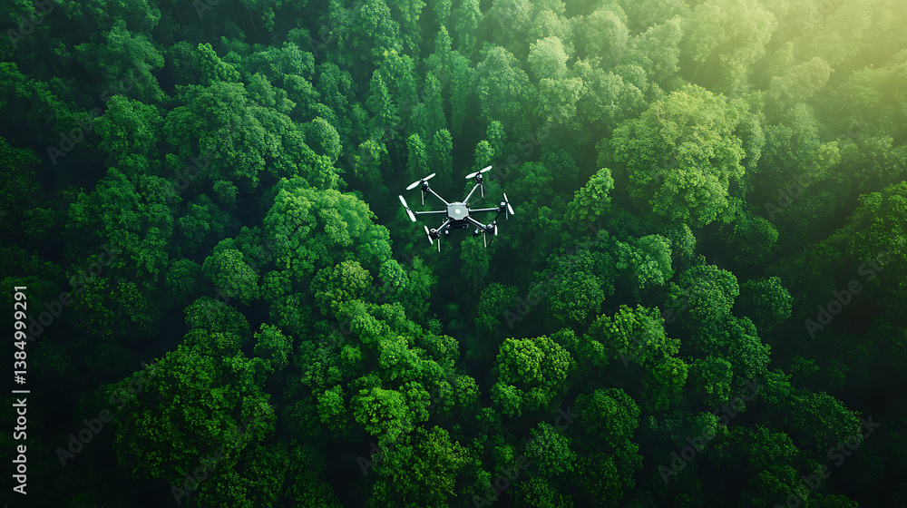 Poster an ai powered drone mapping forest ecosystems for environmental research, dense forest with real-tim