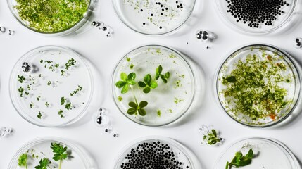 Petri Dishes with Green Algae and Black Beads