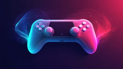 Futuristic gamepad design with neon glow, game controller on dark purple backdrop