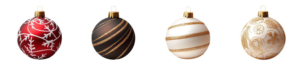 Four decorative Christmas ornaments in varying colors and designs, featuring intricate patterns and glossy finishes.