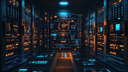 Naklejka premium High-Tech Data Center with Orange and Blue Light Displaying Complex Digital Interfaces