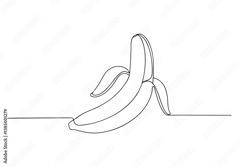 Poster continuous line drawing of an open yellow banana with flowing curves and glowing golden texture