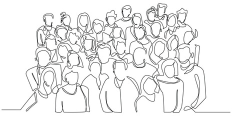 one continuous line drawing of a group of people.one line drawing of people crowded together.single line drawing of people of various races and skin colors.