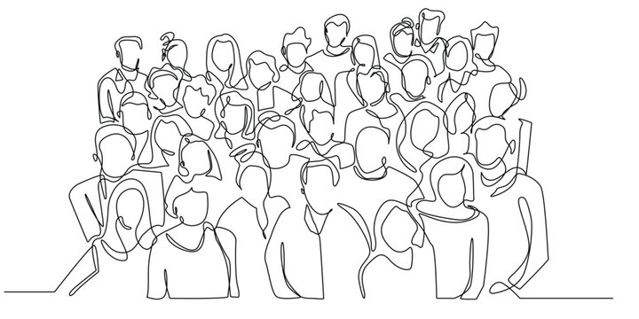 one continuous line drawing of a group of people.one line drawing of people crowded together.single line drawing of people of various races and skin colors.