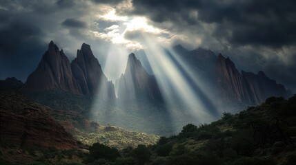 Fototapeta premium Mountain peaks, sun rays, dramatic sky, nature scene, inspirational landscape, for wallpaper, print, or social media