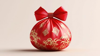 Festive red gift bag with golden floral accents and a vibrant ribbon bow