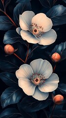 Pale White Flowers with Dark Centers and Green Leaves