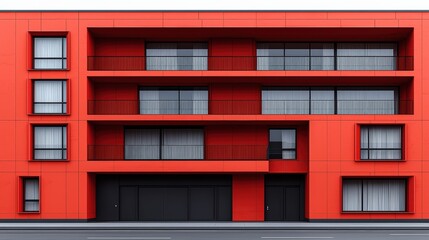 Obraz premium Modern Architecture Red Facade with Balconies and Minimalist Design on Urban Street