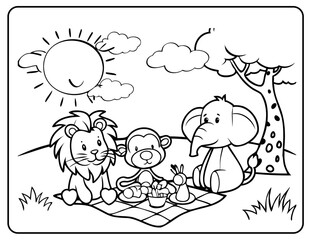 kids coloring book kid Lion and her friends