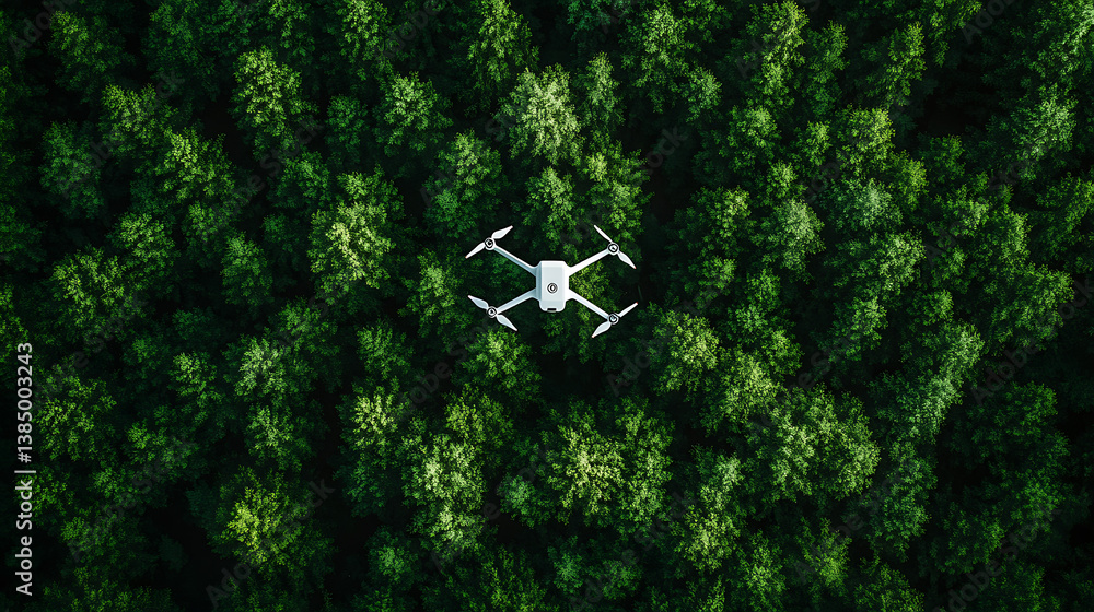 Poster an ai powered drone monitoring forest health and wildlife migration, dense forest with real-time env