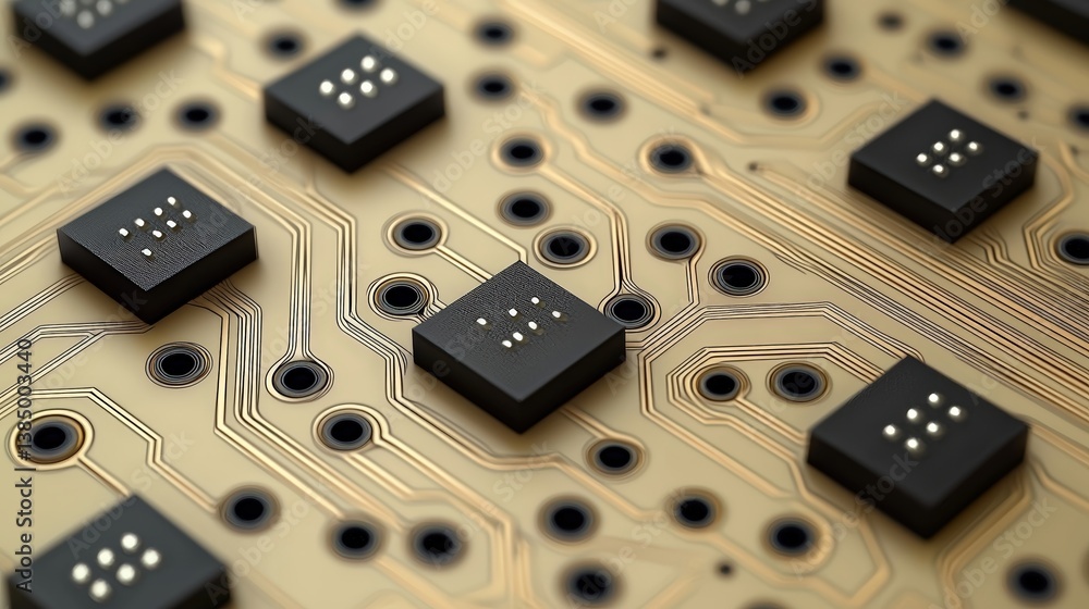 Poster close-up of electronic circuit board with microchips and circuitry patterns on gold background