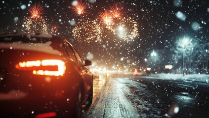 Snowy night, car on road, fireworks.
