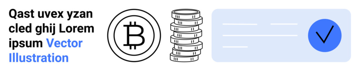 Obraz premium Bitcoin logo, coin stack, blue checkmark symbolize digital currency, safe online payment, cryptocurrency success. Ideal for finance, blockchain, trade, technology investment fintech simple landing