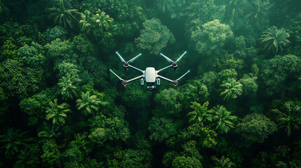 An AI powered drone monitoring wildlife in a protected nature reserve, lush forest with real-time animal tracking and environmental data, Wildlife monitoring technology style