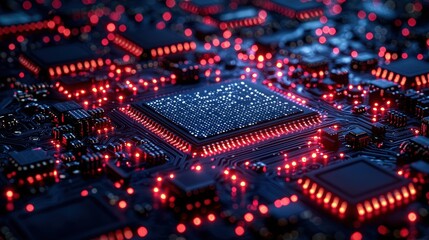 Obraz premium High-Tech Circuit Board with Glowing Red Lights and Microchips for Technology Concepts