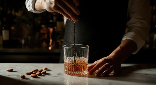 Bartender stirring cocktail in glass with almonds on bar counter