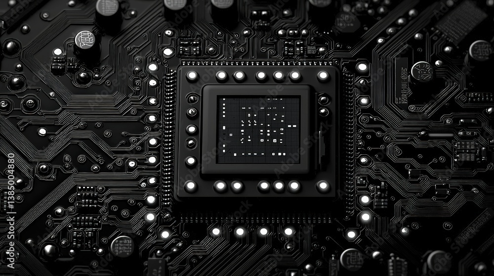 Poster dark circuit board with central microchip and electronic components against a black background