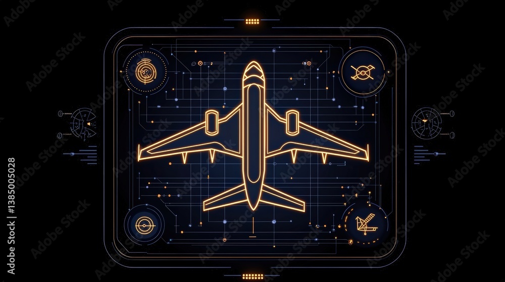 Poster digital blueprint of modern jet aircraft on futuristic background with technical elements