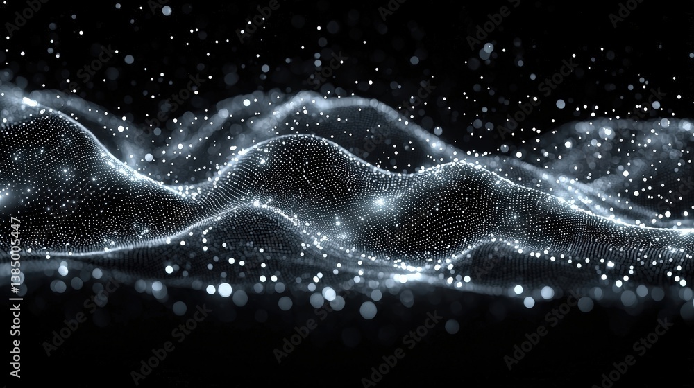 Poster abstract digital waves with luminous particles in dark background for visual effects concept