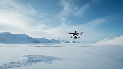 An AI powered drone performing environmental monitoring in a remote polar region, snowy landscape with real-time data on climate change and ecosystem health, Environmental technology style