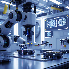 Advanced Robotic Arms Assembling Drones in Futuristic AI-Powered Factory