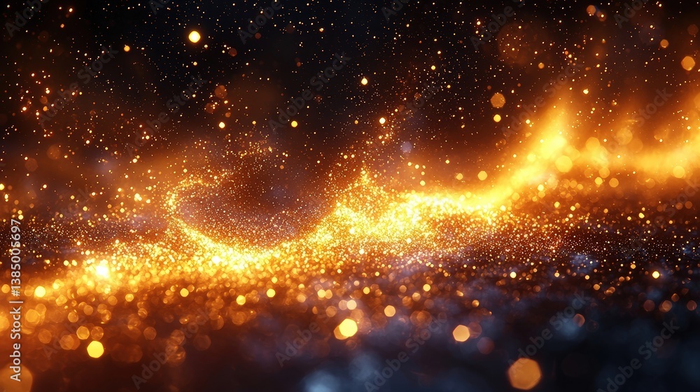 Aufkleber glowing golden particles creating dreamlike waves in dark background with sparkling effects