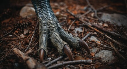 Fototapeta premium Close-up of realistic dinosaur claw on forest floor
