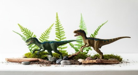 Fototapeta premium Two toy dinosaurs in mini prehistoric landscape with ferns and rocks