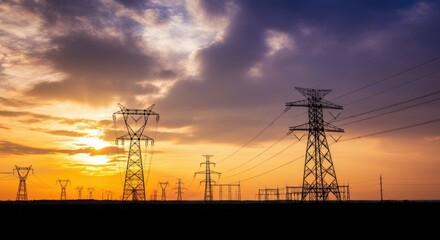 Power lines and towers at sunset, emphasizing energy infrastructure