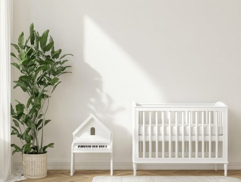 Fototapeta Bright, minimalist nursery with crib and plant