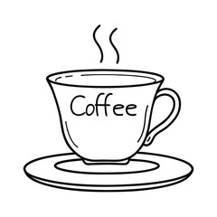 Obraz premium a vector line art illustration of a coffee cup placed on a saucer. The cup should have the word 'coffee 