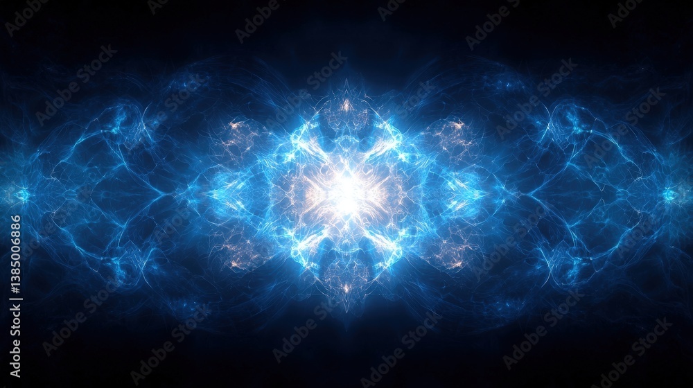 Poster ethereal blue light burst in dark background with abstract swirling patterns and energy waves