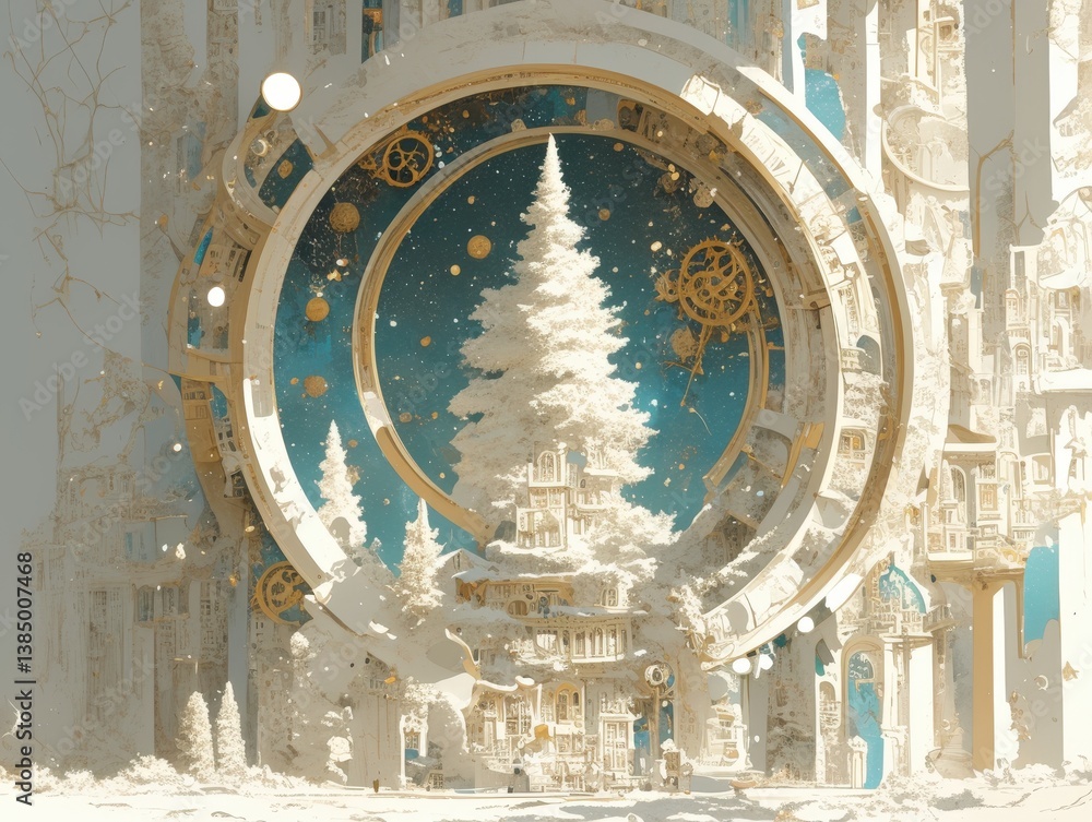 Poster ornate, white structure with tree inside a round frame on blue background